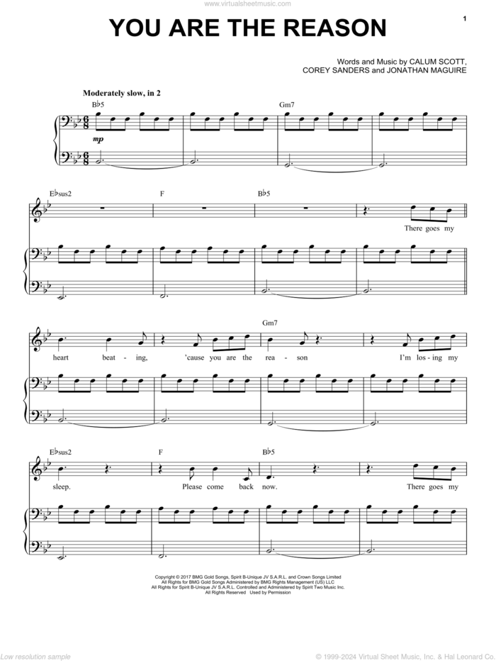 You Are The Reason sheet music for voice and piano by Calum Scott, Corey Sanders and Jon Maguire, intermediate skill level