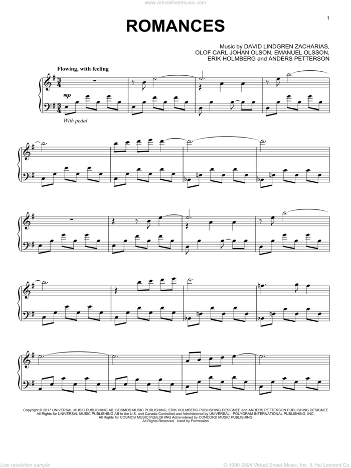 Romances sheet music for piano solo by Amity Cadet, Anders Petterson, Emanuel Olsson, Erik Holmberg, Olof Carl Johan Olson and Zacharias Lindgren, classical score, intermediate skill level