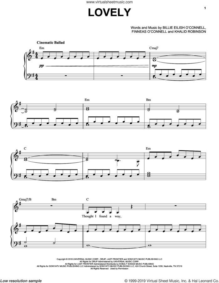 lovely (from 13 Reasons Why) sheet music for voice and piano by Billie Eilish feat. Khalid, Billie Eilish & Khalid, Billie Eilish and Khalid Robinson, intermediate skill level