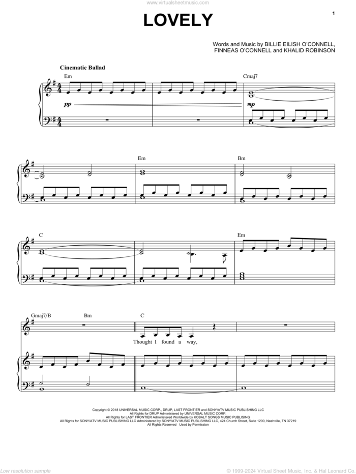 lovely (from 13 Reasons Why) sheet music for voice and piano by Billie Eilish feat. Khalid, Billie Eilish & Khalid, Billie Eilish and Khalid Robinson, intermediate skill level