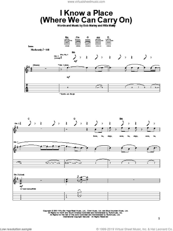 I Know A Place (Where We Can Carry On) sheet music for guitar (tablature) by Bob Marley and Rita Marley, intermediate skill level