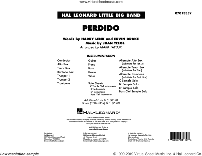 Perdido (arr. Mark Taylor) (COMPLETE) sheet music for jazz band by Duke Ellington, Ervin Drake, Harry Lenk, Juan Tizol and Mark Taylor, intermediate skill level