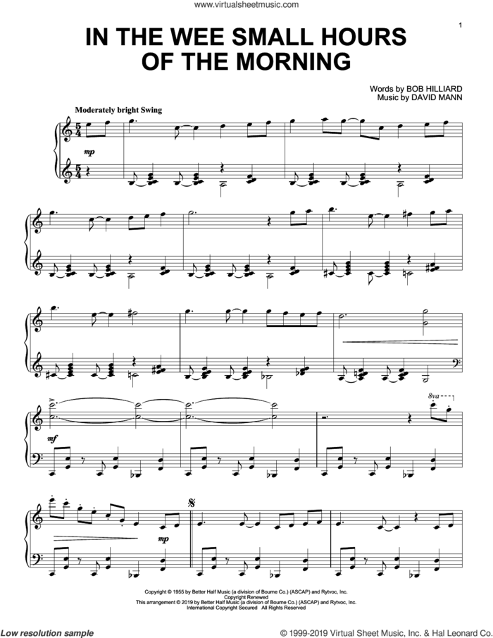 In The Wee Small Hours Of The Morning sheet music for piano solo by Frank Sinatra, Bob Hilliard and David Mann, intermediate skill level