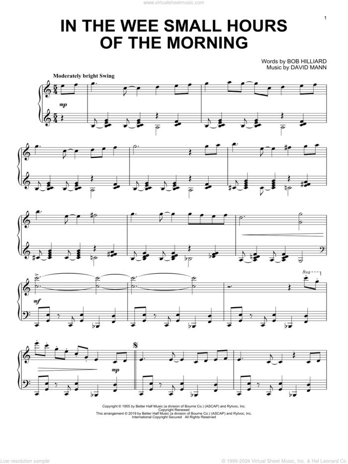 In The Wee Small Hours Of The Morning sheet music for piano solo by Frank Sinatra, Bob Hilliard and David Mann, intermediate skill level