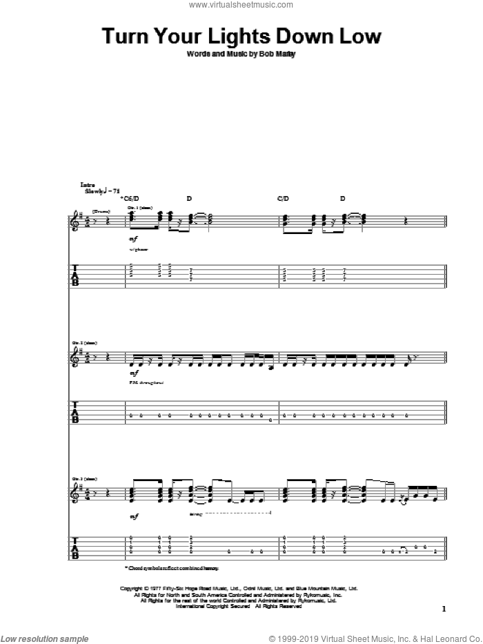 Turn Your Lights Down Low sheet music for guitar (tablature) by Bob Marley, intermediate skill level
