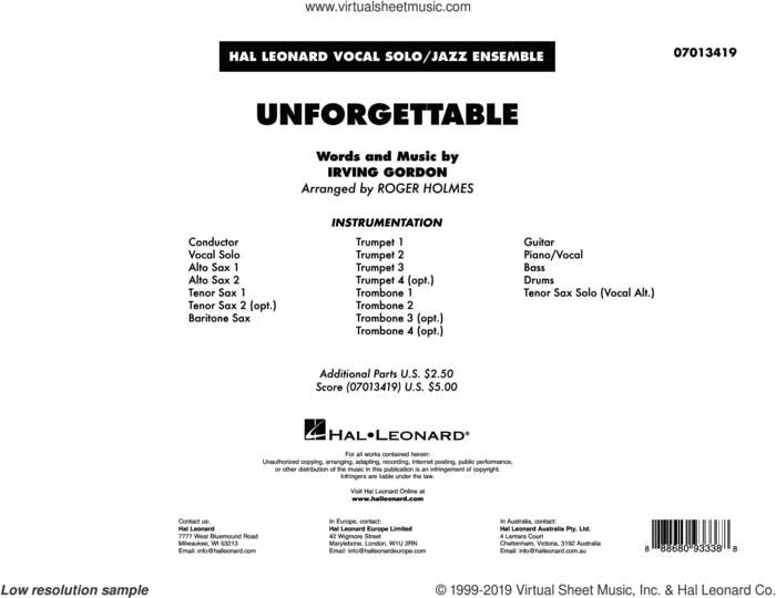 Unforgettable (arr. Roger Holmes) (COMPLETE) sheet music for jazz band by Nat King Cole, Irving Gordon and Roger Holmes, intermediate skill level