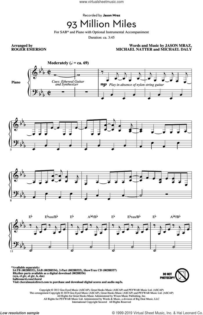 93 Million Miles (arr. Roger Emerson) sheet music for choir (SAB: soprano, alto, bass) by Jason Mraz, Roger Emerson, Michael Natter and Mike Daly, intermediate skill level