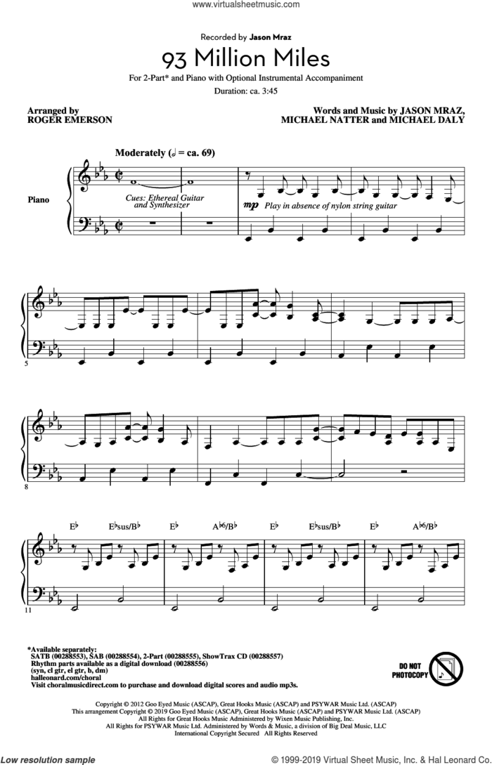 93 Million Miles (arr. Roger Emerson) sheet music for choir (2-Part) by Jason Mraz, Roger Emerson, Michael Natter and Mike Daly, intermediate duet