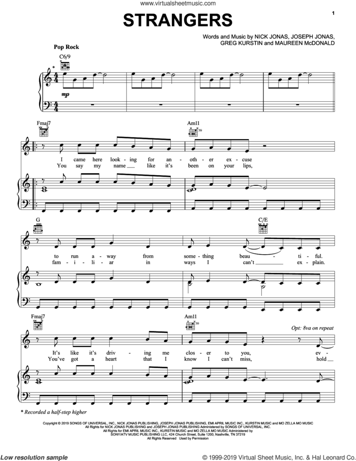 Strangers sheet music for voice, piano or guitar by Jonas Brothers, Greg Kurstin, Joseph Jonas, Maureen McDonald and Nick Jonas, intermediate skill level