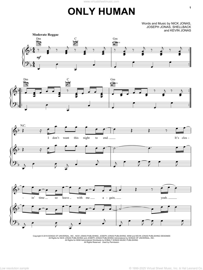 Only Human sheet music for voice, piano or guitar by Jonas Brothers, Joseph Jonas, Kevin Jonas, Nick Jonas and Shellback, intermediate skill level