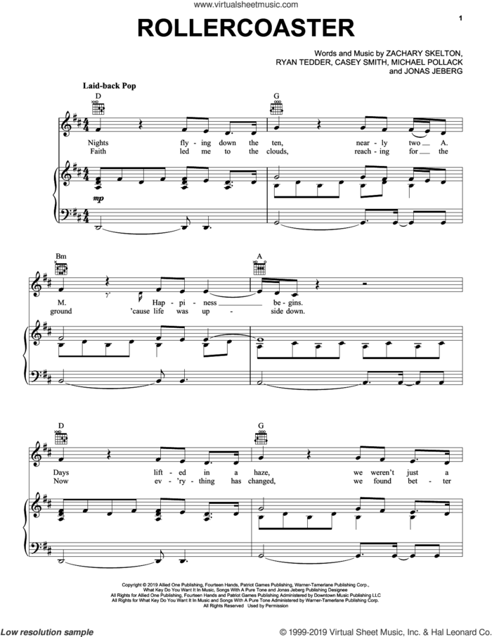 Rollercoaster sheet music for voice, piano or guitar by Jonas Brothers, Casey Smith, Jonas Jeberg, Michael Pollack, Ryan Tedder and Zachary Skelton, intermediate skill level