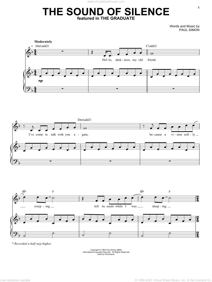 The Sound Of Silence sheet music for voice and piano by Simon & Garfunkel and Paul Simon, intermediate skill level