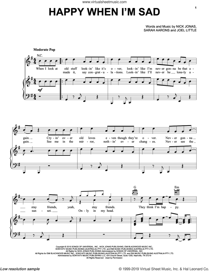 Happy When I'm Sad sheet music for voice, piano or guitar by Jonas Brothers, Joel Little, Nick Jonas and Sarah Aarons, intermediate skill level