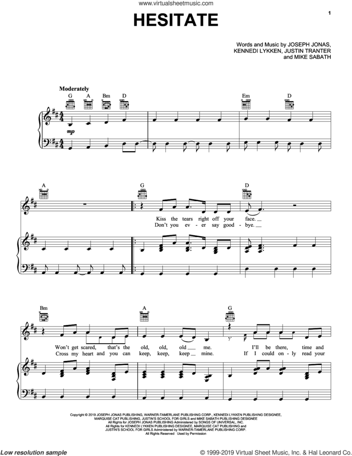Hesitate sheet music for voice, piano or guitar by Jonas Brothers, Joseph Jonas, Justin Tranter, Kennedi Lykken and MIke Sabath, intermediate skill level