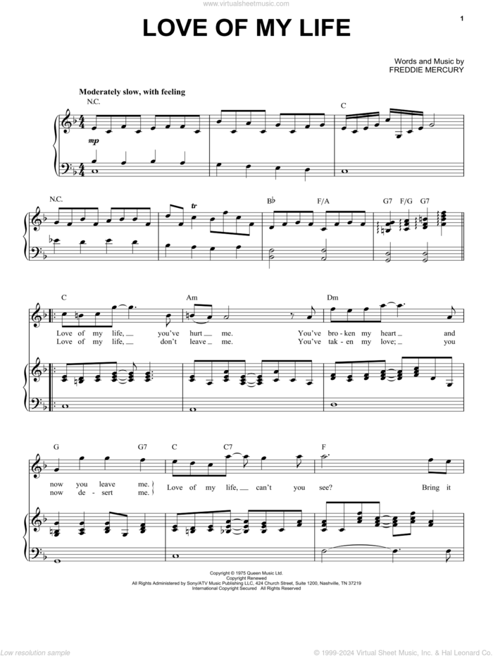 Love Of My Life sheet music for voice and piano by Queen and Freddie Mercury, intermediate skill level