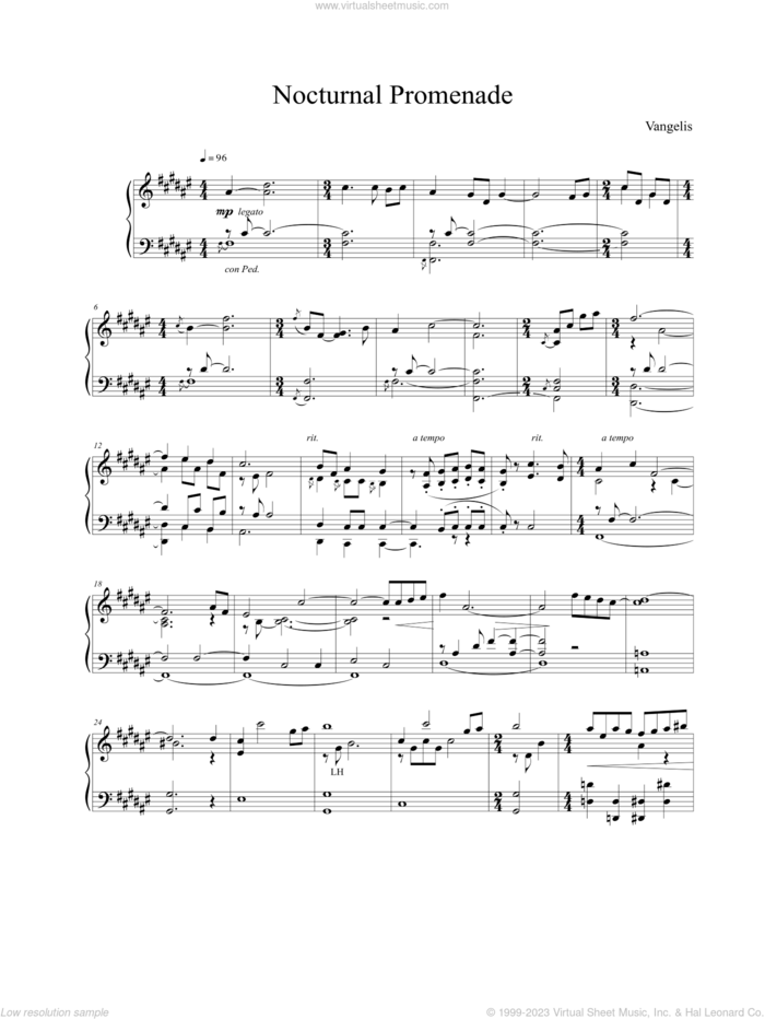 Nocturnal Promenade sheet music for piano solo by Vangelis, intermediate skill level
