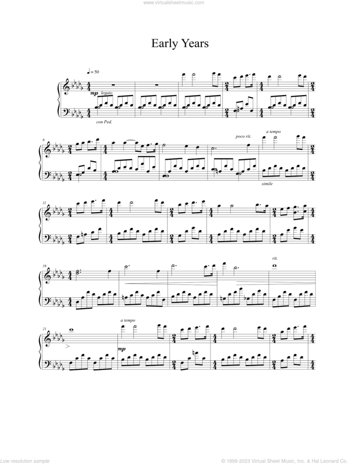 Early Years sheet music for piano solo by Vangelis, intermediate skill level