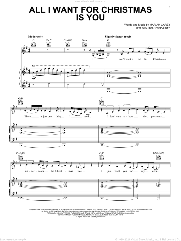 All I Want For Christmas Is You sheet music for voice, piano or guitar by Mariah Carey and Walter Afanasieff, intermediate skill level