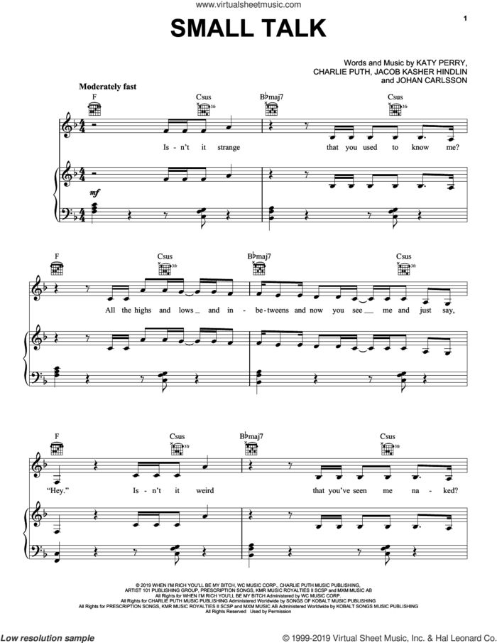 Small Talk sheet music for voice, piano or guitar by Katy Perry and Charlie Puth, intermediate skill level