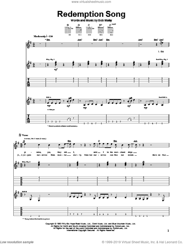 Redemption Song sheet music for guitar (tablature) by Bob Marley and Johnny Cash, intermediate skill level