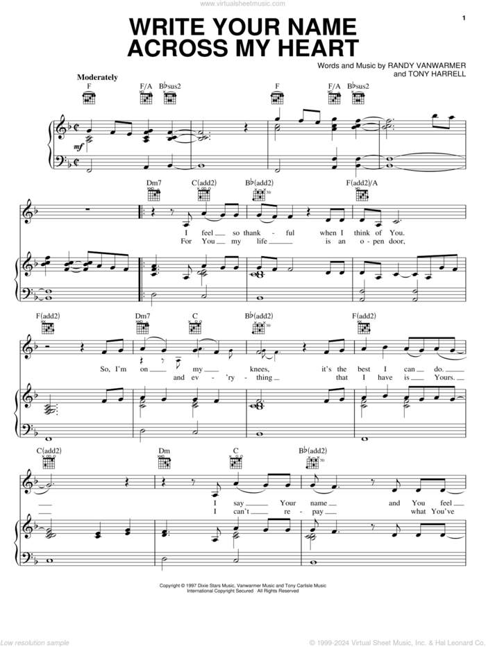 Write Your Name Across My Heart sheet music for voice, piano or guitar by Oak Ridge Boys, Randy Vanwarmer and Tony Harrell, intermediate skill level