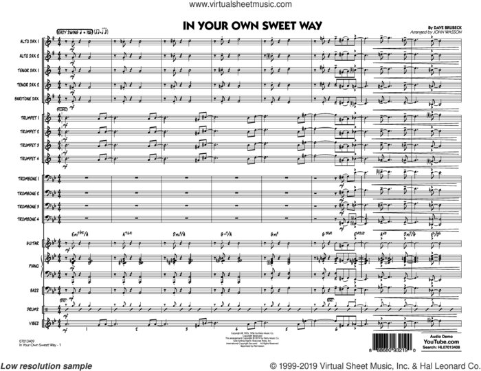 In Your Own Sweet Way (arr. John Wasson) (COMPLETE) sheet music for jazz band by Dave Brubeck and John Wasson, intermediate skill level