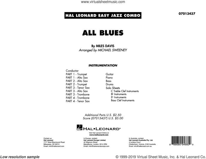 All Blues (arr. Michael Sweeney) (COMPLETE) sheet music for jazz band by Miles Davis and Michael Sweeney, intermediate skill level