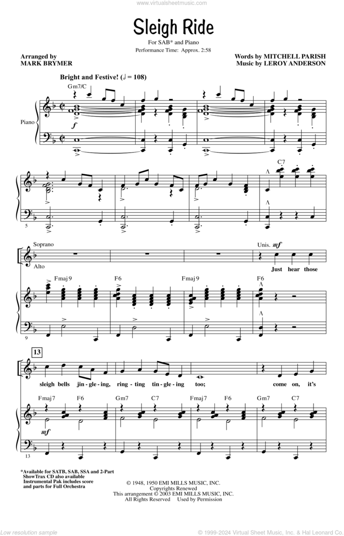 Sleigh Ride (arr. Mark Brymer) sheet music for choir (SAB: soprano, alto, bass) by Mitchell Parish, Mark Brymer and Leroy Anderson, intermediate skill level