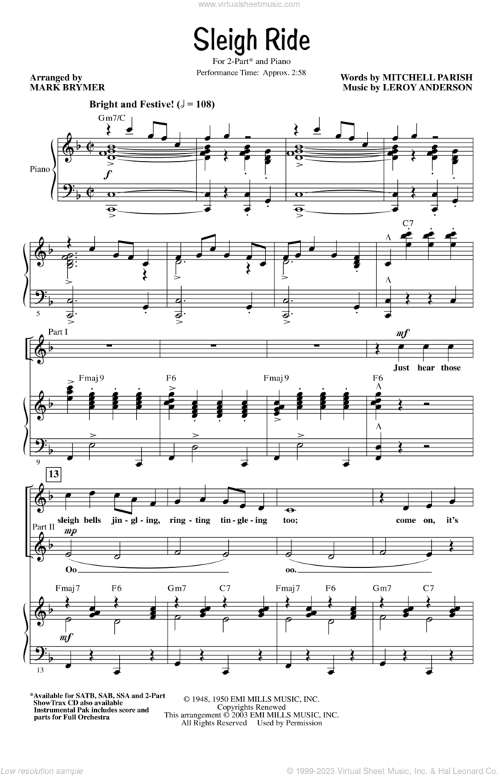 Sleigh Ride (arr. Mark Brymer) sheet music for choir (2-Part) by Leroy Anderson, Mark Brymer and Mitchell Parish, intermediate duet