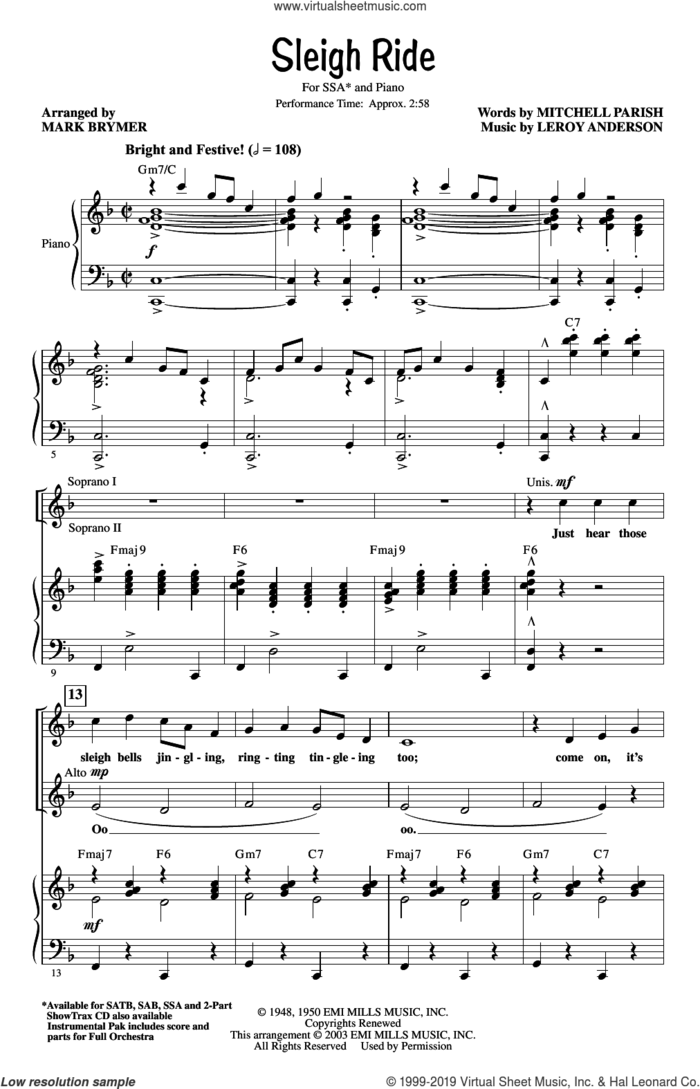 Sleigh Ride (arr. Mark Brymer) sheet music for choir (SSA: soprano, alto) by Leroy Anderson, Mark Brymer and Mitchell Parish, intermediate skill level