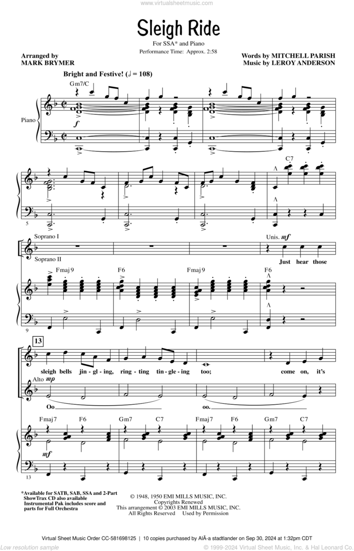 Sleigh Ride (arr. Mark Brymer) sheet music for choir (SSA: soprano, alto) by Mitchell Parish, Mark Brymer and Leroy Anderson, intermediate skill level