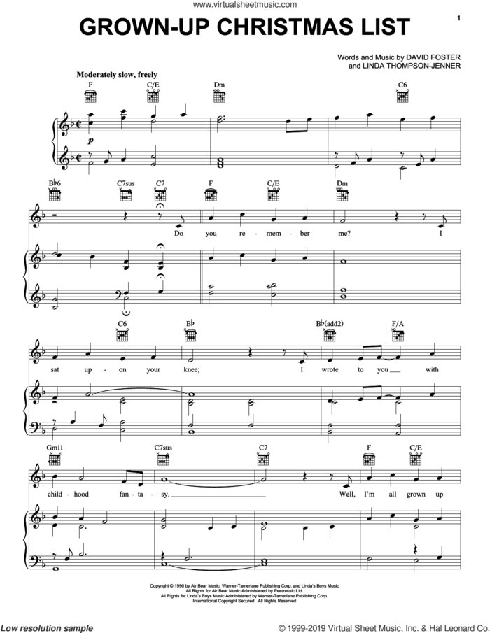 Grown-Up Christmas List sheet music for voice, piano or guitar by Amy Grant, David Foster and Linda Thompson-Jenner, intermediate skill level