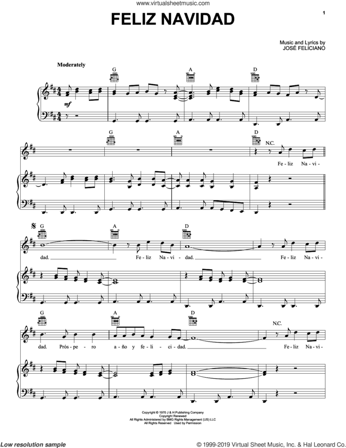 Feliz Navidad sheet music for voice, piano or guitar by Jose Feliciano, intermediate skill level