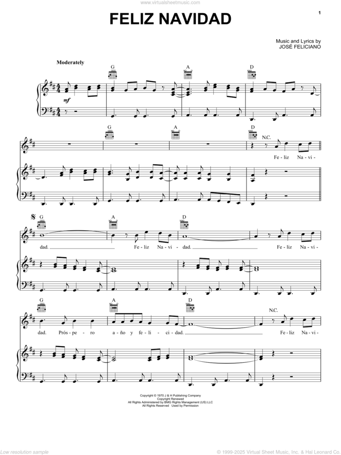 Feliz Navidad sheet music for voice, piano or guitar by Jose Feliciano, intermediate skill level