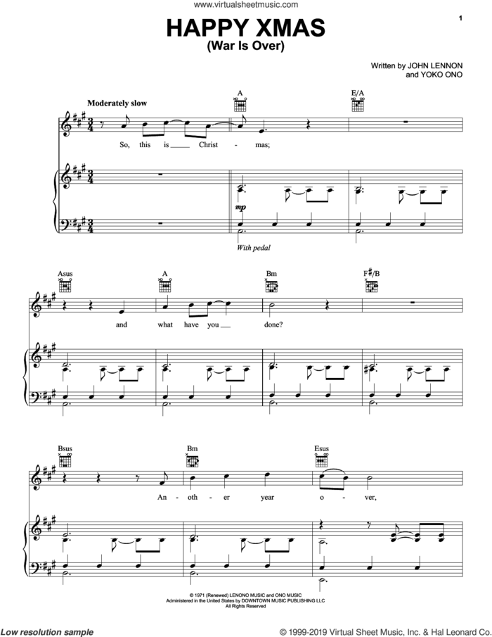 Happy Xmas (War Is Over) sheet music for voice, piano or guitar by John Lennon and Yoko Ono, intermediate skill level