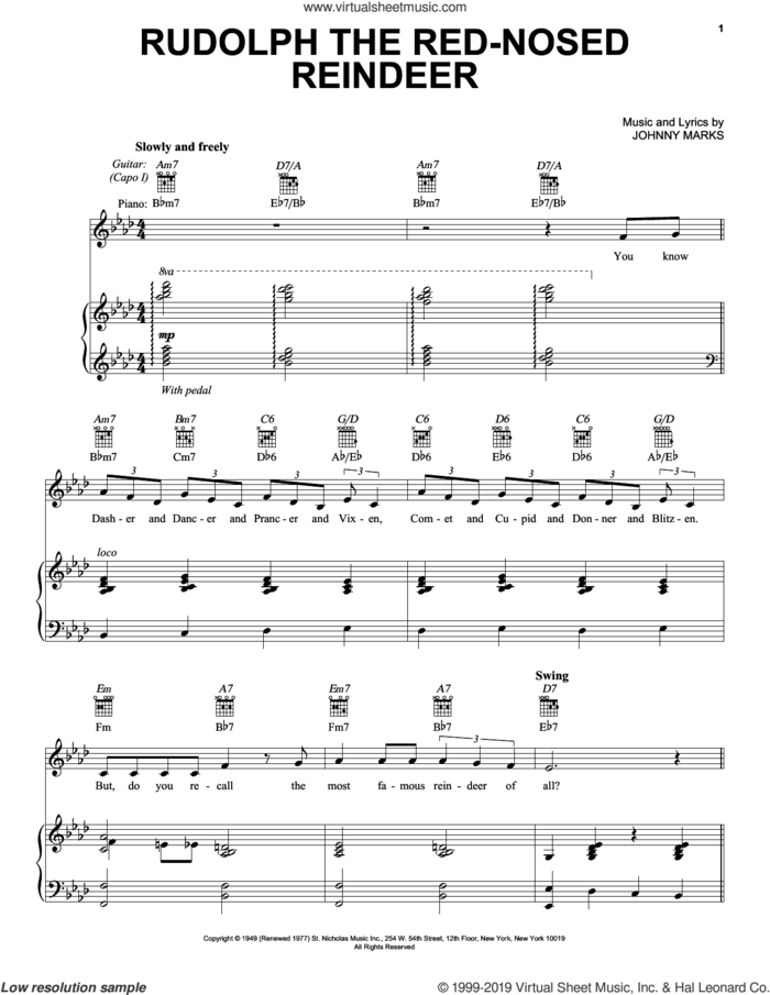 Rudolph The Red-Nosed Reindeer sheet music for voice, piano or guitar by Johnny Marks, intermediate skill level