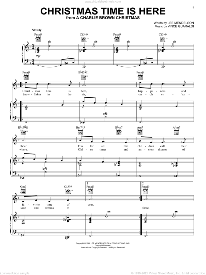 Christmas Time Is Here sheet music for voice, piano or guitar by Vince Guaraldi and Lee Mendelson, intermediate skill level