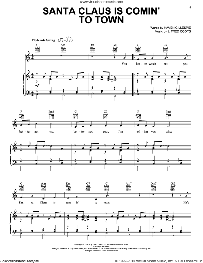 Santa Claus Is Comin' To Town sheet music for voice, piano or guitar by J. Fred Coots and Haven Gillespie, intermediate skill level