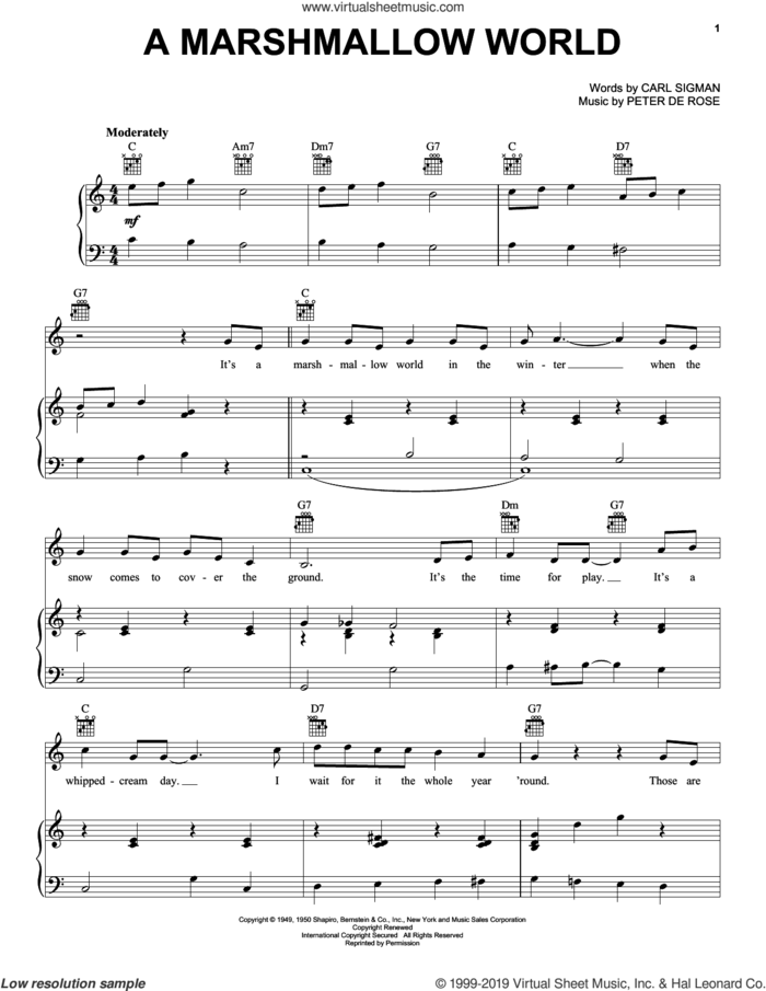 A Marshmallow World sheet music for voice, piano or guitar by Carl Sigman and Peter DeRose, intermediate skill level