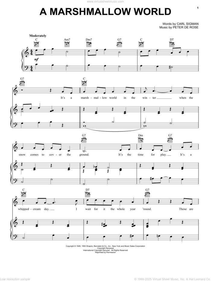 A Marshmallow World sheet music for voice, piano or guitar by Carl Sigman and Peter DeRose, intermediate skill level