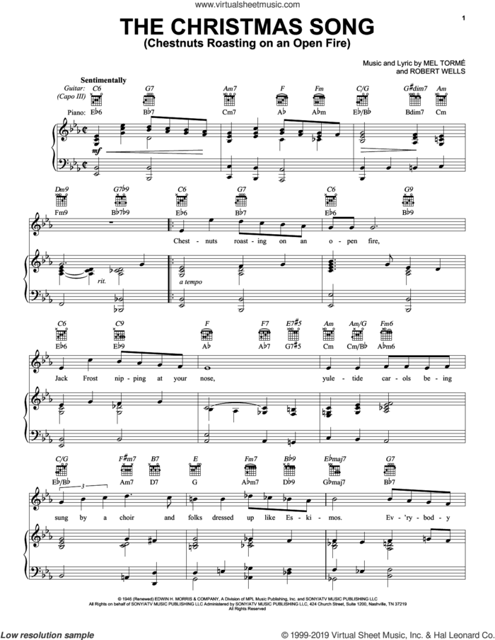 The Christmas Song (Chestnuts Roasting On An Open Fire) sheet music for voice, piano or guitar by Mel Torme and Robert Wells, intermediate skill level