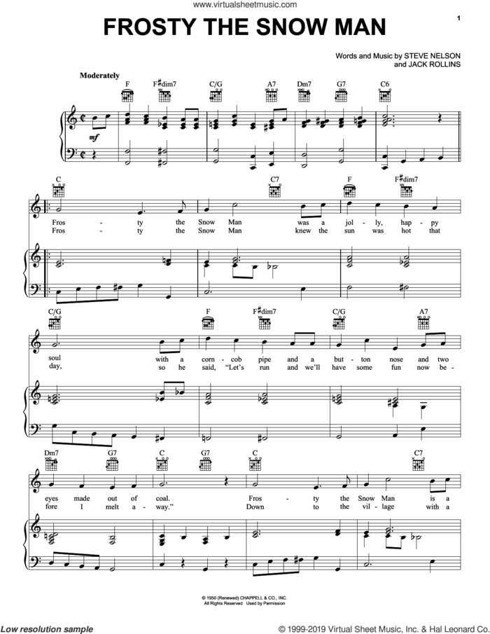 Frosty The Snow Man sheet music for voice, piano or guitar by Steve Nelson and Jack Rollins, intermediate skill level