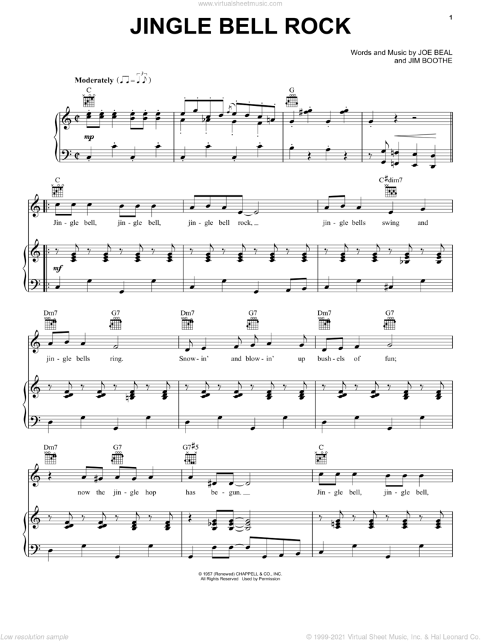 Jingle Bell Rock sheet music for voice, piano or guitar by Jim Boothe, Bobby Helms and Joe Beal, intermediate skill level