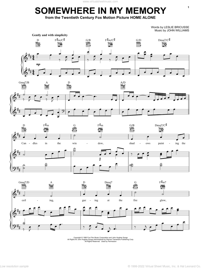 Somewhere In My Memory sheet music for voice, piano or guitar by John Williams and Leslie Bricusse, intermediate skill level