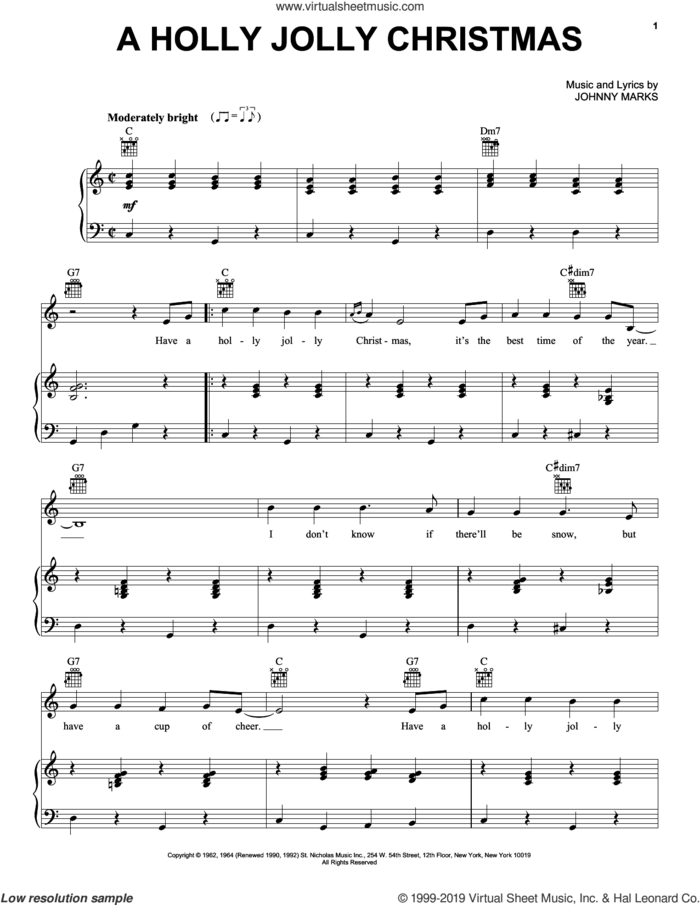 A Holly Jolly Christmas sheet music for voice, piano or guitar by Johnny Marks and Burl Ives, intermediate skill level