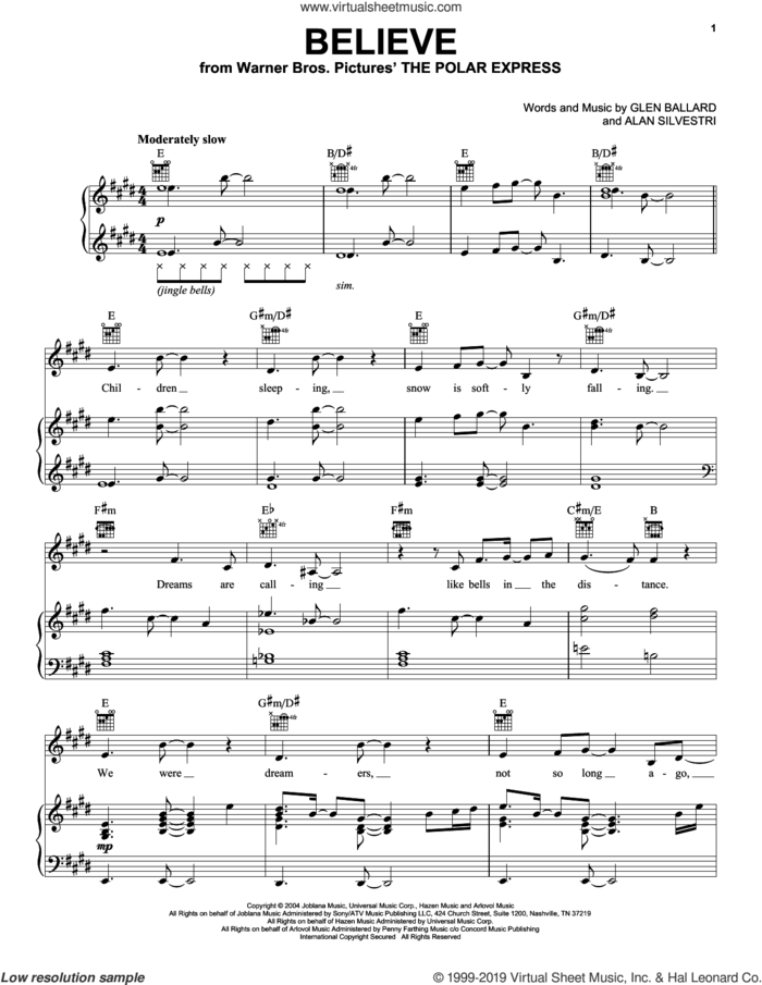 Believe sheet music for voice, piano or guitar by Alan Silvestri and Glen Ballard, intermediate skill level