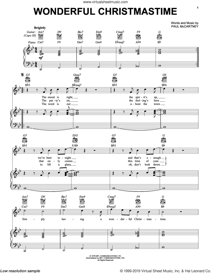Wonderful Christmastime sheet music for voice, piano or guitar by Paul McCartney, intermediate skill level