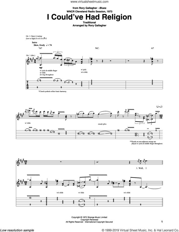 I Could've Had Religion sheet music for guitar (tablature) by Rory Gallagher and Miscellaneous, intermediate skill level