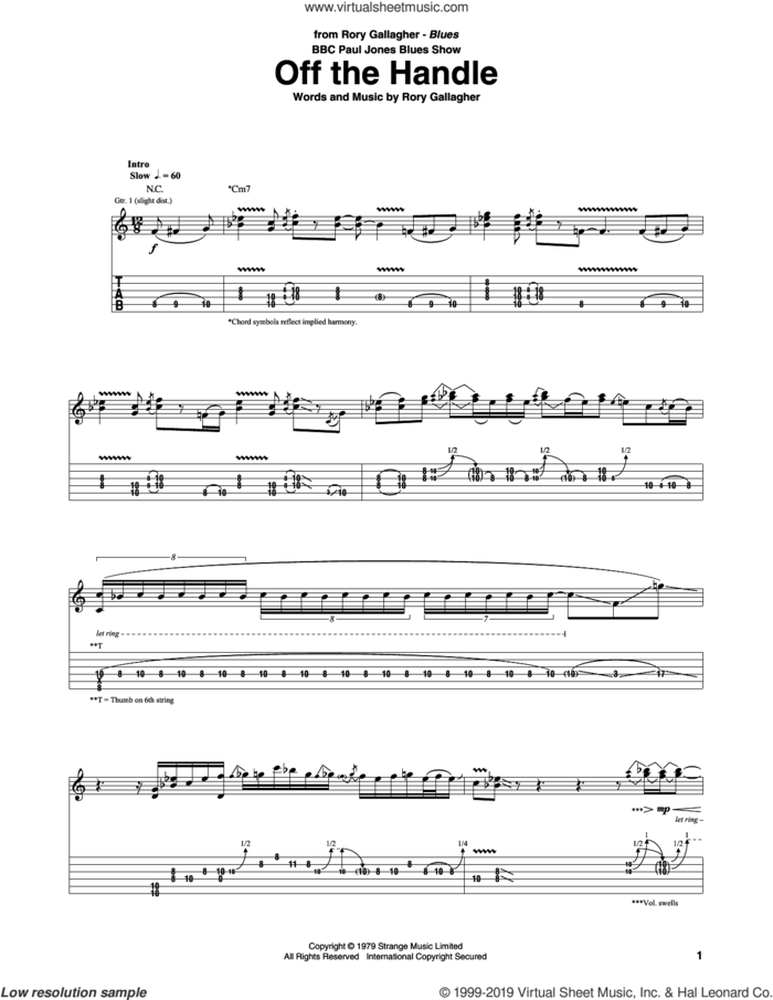 Off The Handle sheet music for guitar (tablature) by Rory Gallagher, intermediate skill level