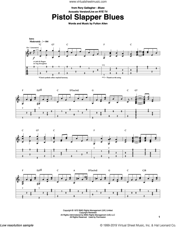 Pistol Slapper Blues sheet music for guitar (tablature) by Rory Gallagher and Fulton Allen, intermediate skill level